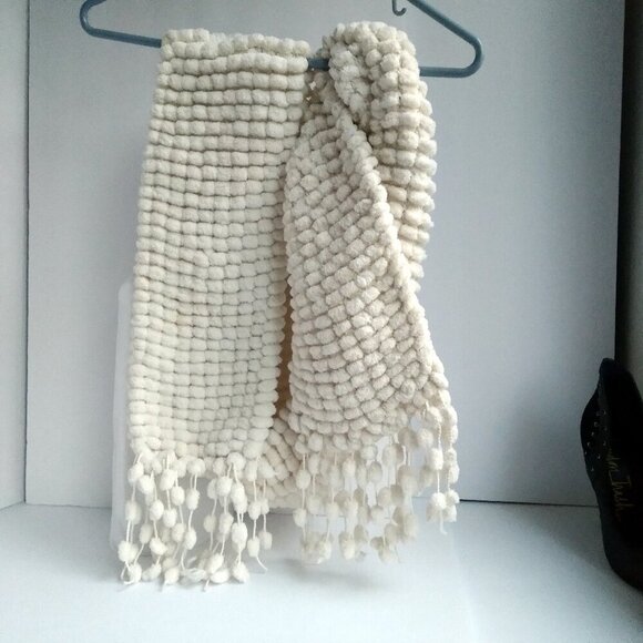 White Chenille Scarf with Long, Fringe of Pom Poms, Soft, Cuddly, & Very Warm - Picture 3 of 4